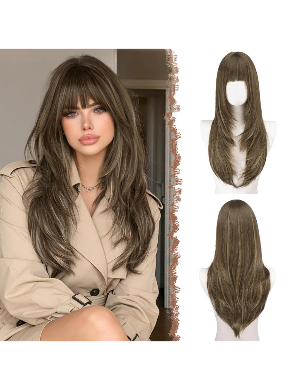 24 Inch Women's Brown Mix Blonde Long Straight Sleek Layered Wig with Bangs